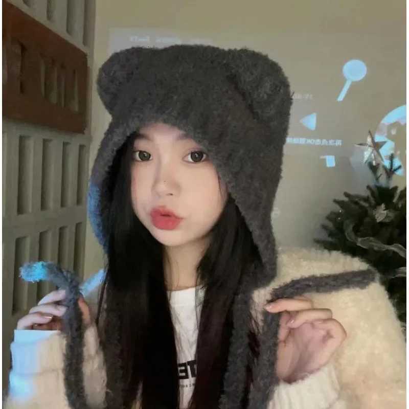 Bear Ears Hat Korean Version Ins Cute Knitted Rope Hat Autumn and Winter Warm Ear Protection Knitted HatW251023