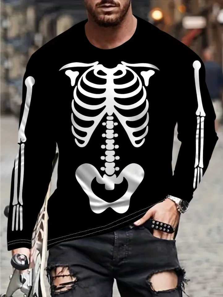 2024 Mens 3D Skeleton Print Tee Ribcage Spine Detail Long Sleeve Round Neck AllSeason HalloweenXJ251023