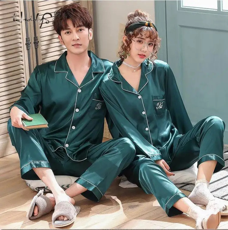 Pajama suit Satin Silk Pajamas Sets Couple Sleepwear Family Pijama Lover Night Suit Men Women Casual Home Clothing 251021
