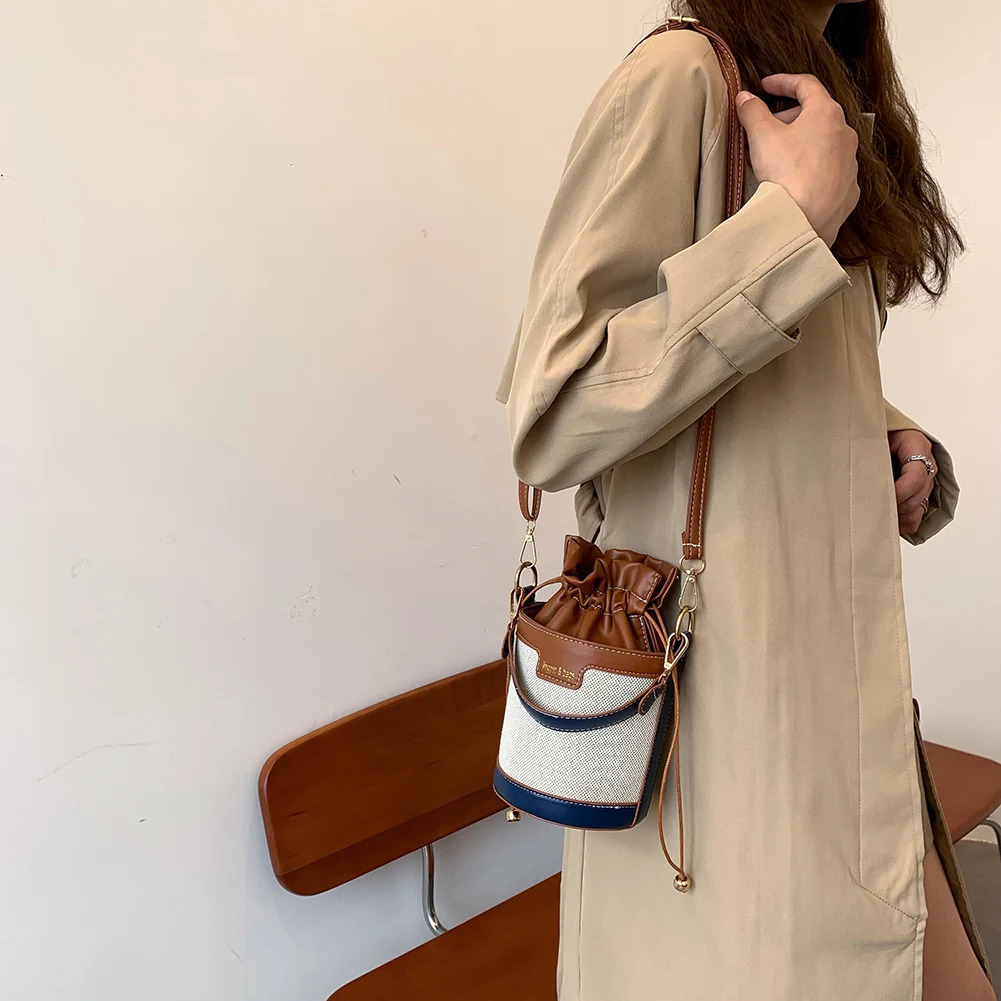 Women Vintage Patchwork Cylinder Shoulder Bag Drawstring Bucket Leather Crossbody Mini PU Handbag 251018