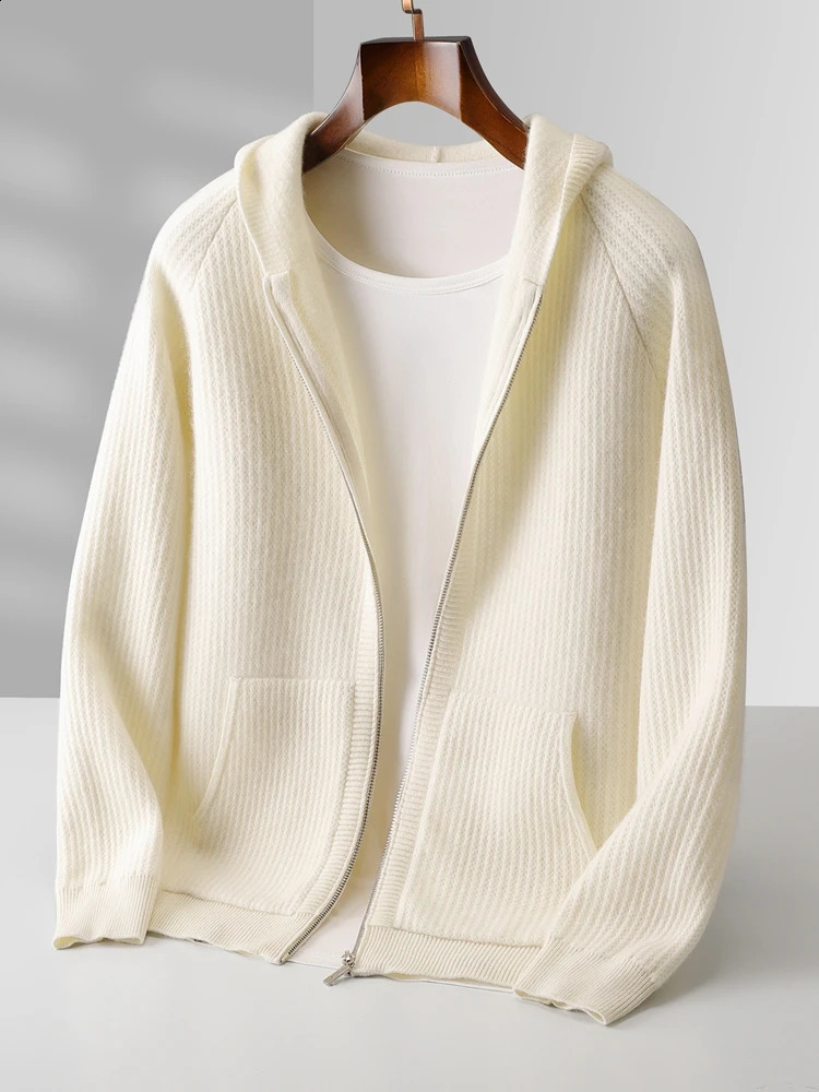 Men Hooded Zippers Cardigan Sweater 100 Merino Wool Knitwear Jacquard Raglan Sleeve Thicken Casual Cashmere Autumn Winter Coat 251023