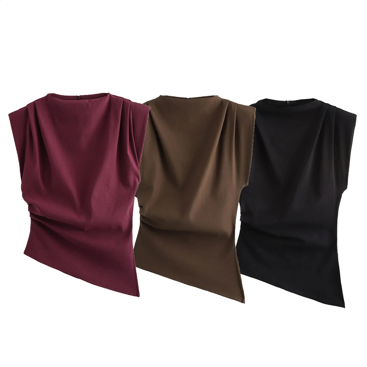 2025 Summer Asymmetric Tank Women Wine RedBrownBlack Ruched Sleeve OfficeParty Tops Breathable Stretchy Slim Fit Streetwear 251023