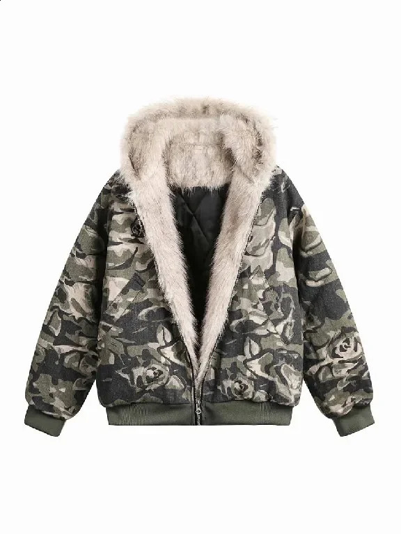 Autumn Winter Retro Y2K Army Green Rose Camouflage Plus Velvet Hoodie Women Floral Zipper Jacket Faux Fur Trim Street 251022