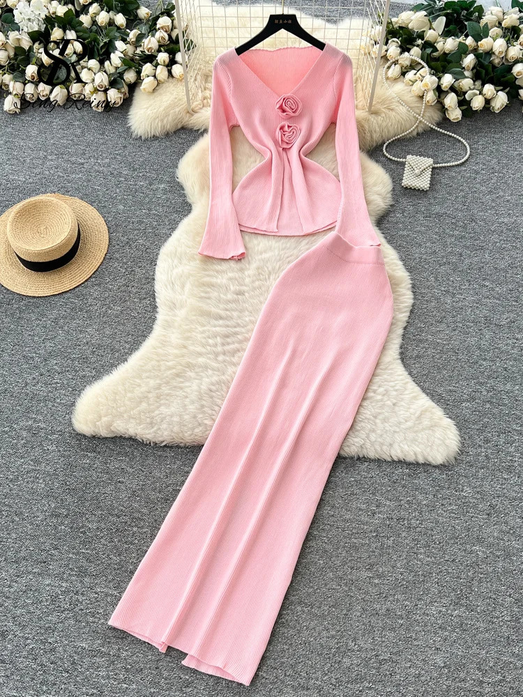 SINGREINY 3D Floral Knitted Two Piece Sets Autumn Women Long Sleeve Basic Warm TopSplit Skirt Winter Slim Party Suits 251022
