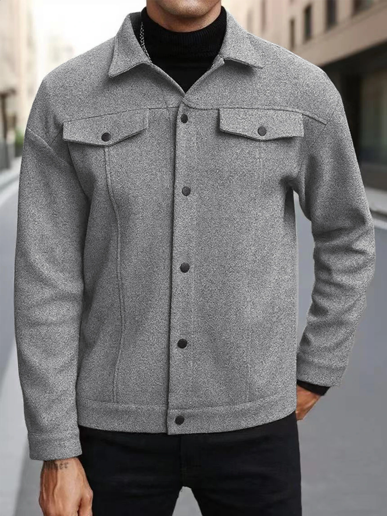 Autumn Mens Woolen Jacket Solid Color Coat Collar Button Front Flip Pocket 251023