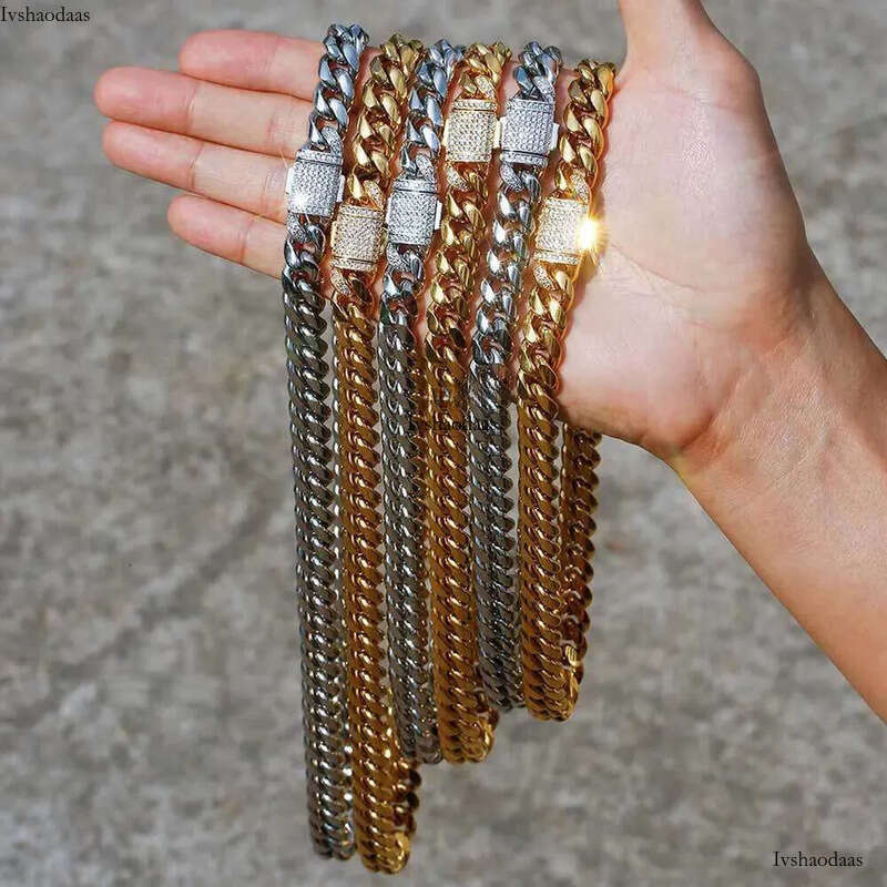 Hip Hop Miami Titanium Steel Mens Nece Bracelet Set with Zircon Spring Buckle Cuban Link Gold Chain Popular Jewelry chains 825 aaa
