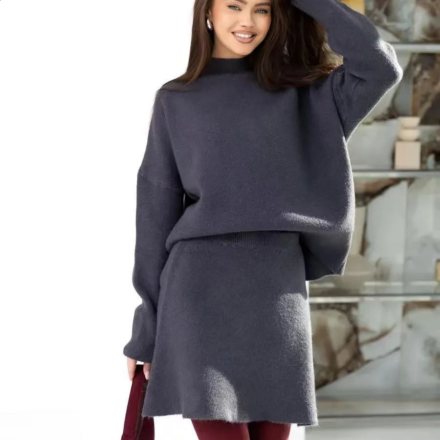 Semiturtle Neck Suit Skirt Autumn and Winter Loose Knit Top Aline Knitted Womens Twopiece 251022