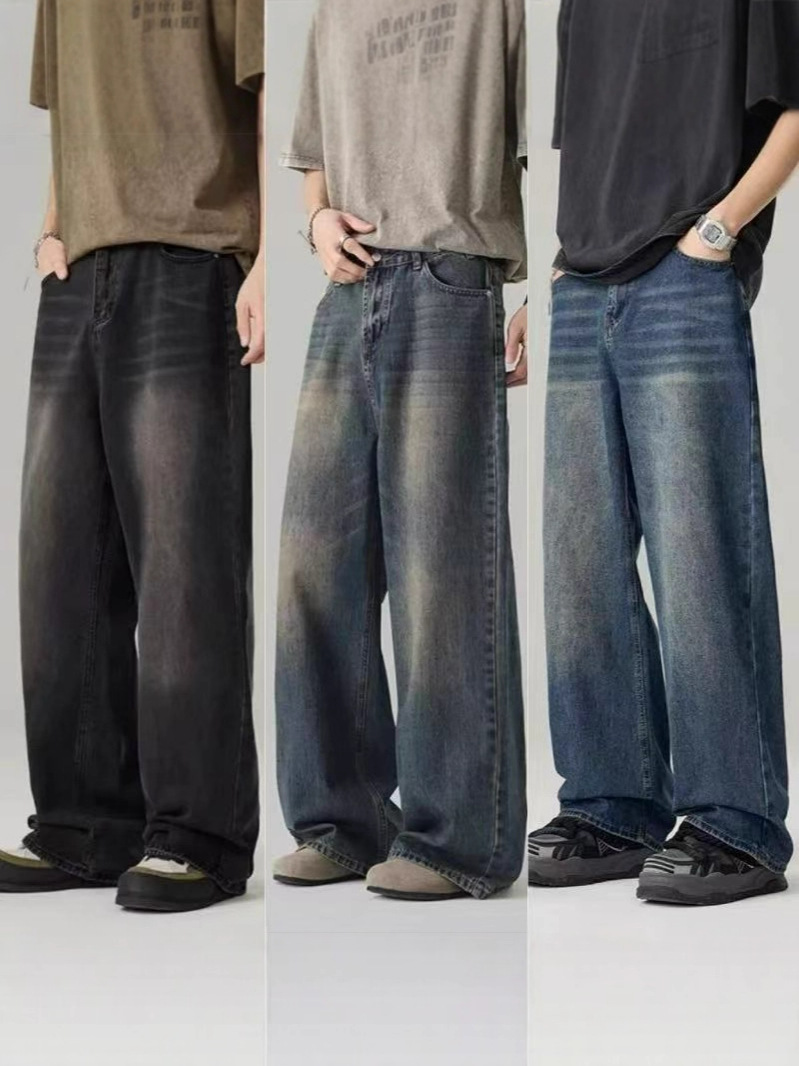 Men's Vintage Multi-Pocket Cargo Jeans Y2K Vintage Distressed Baggy Denim Pants 2025 High Street Straight Wide Leg Jean Autumn Winter
