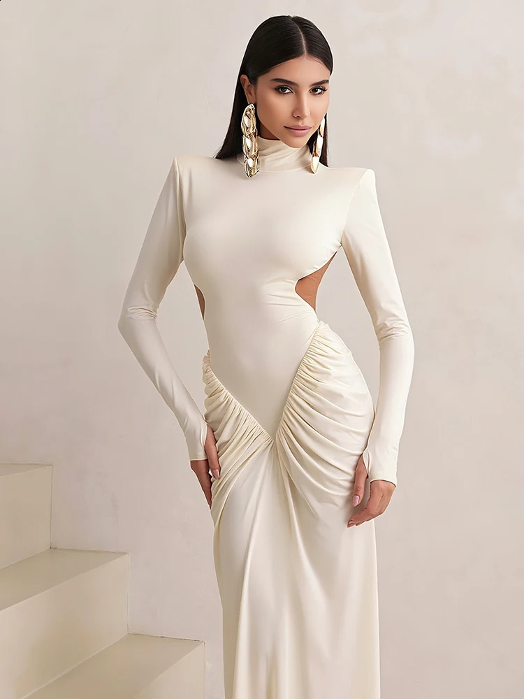 Sisterlinda Shirring Sheath Maxi Dresses High Street Classic Full Sleeve Straight Shoulder Backless Vestidos Mujer Evening Wear 251022