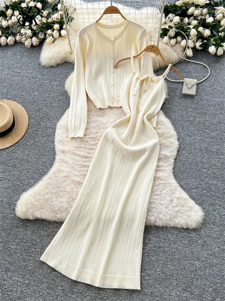 SINGREINY Autumn Elegant OL Women Suits Long Sleeve Single Breasted TopsSleeveless Strap Bodycon Dress Knit Solid Sweater Sets 251020