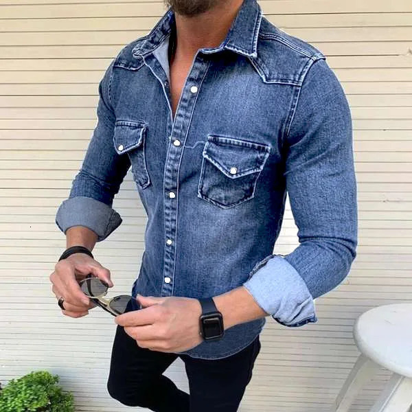 Mens Denim Jacket Washed Shirt Slim Fit Casual Long Sleeved for Men 251017
