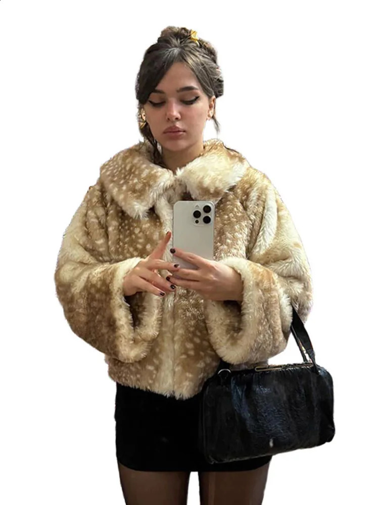 Fashion Faux Fur Plush Short Coat Womens Stylish Turndown Collar Full Sleeves Cropped Overcoat Autumn Winter Lady Top 251022