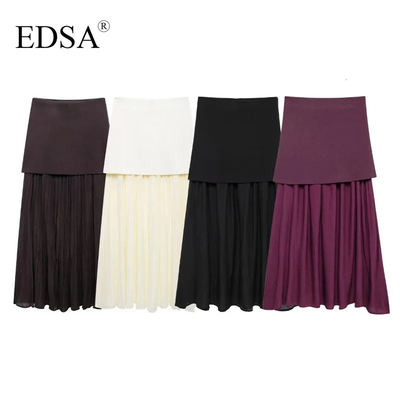 EDSA Women Combined Pleated Knit Skirt with Elasticated Waistband High Waist Semisheer Midi Skirt for Casual Female 251020