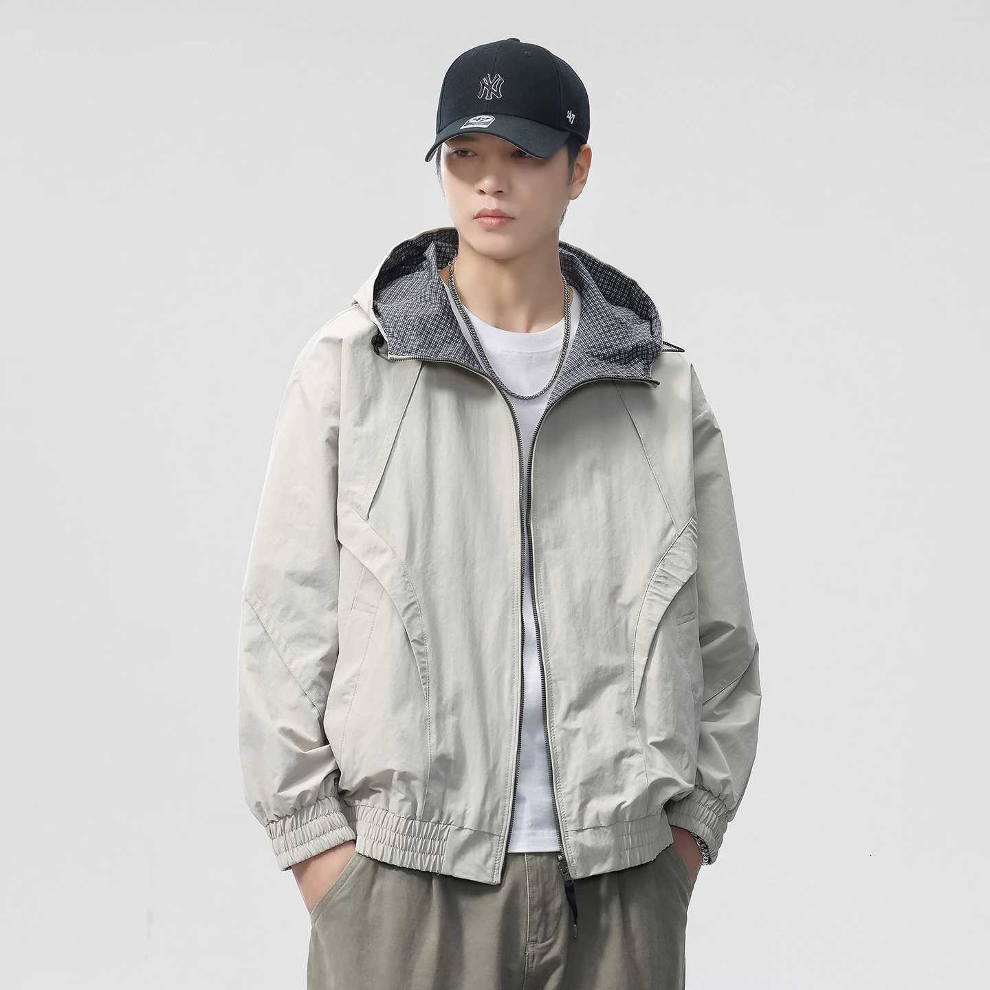 Double Sided Wearable Hooded Jacket Men Streetwear Fashion Business Causal Loose Plaid Cargo Jacket Cityboy Coat Outerwear W251023