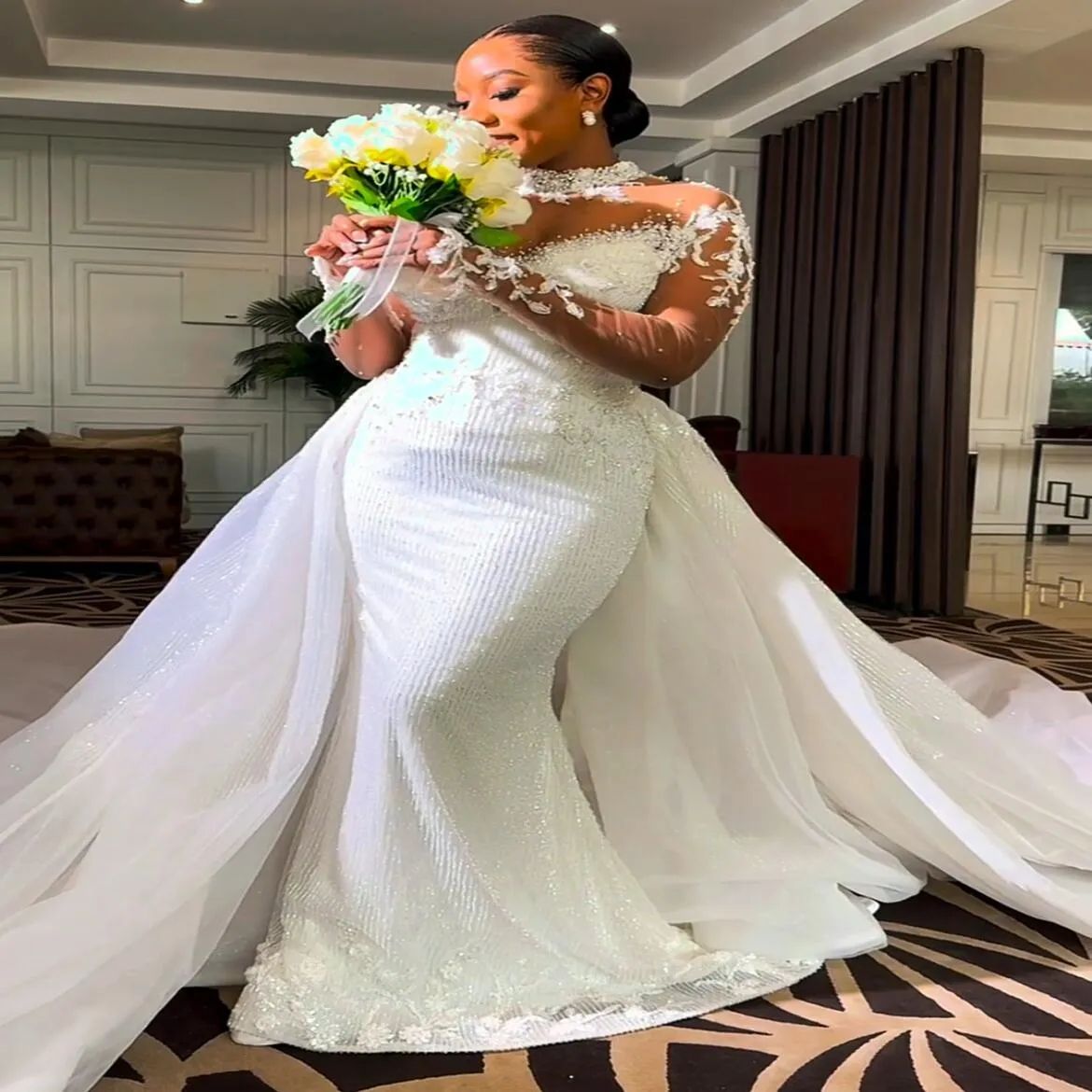 2026 Arabic Aso Ebi Plus Size White Florals Wedding Dresses With Overskirt Train Lace Beaded Sheer Neck Sequined Bridal Gowns O23