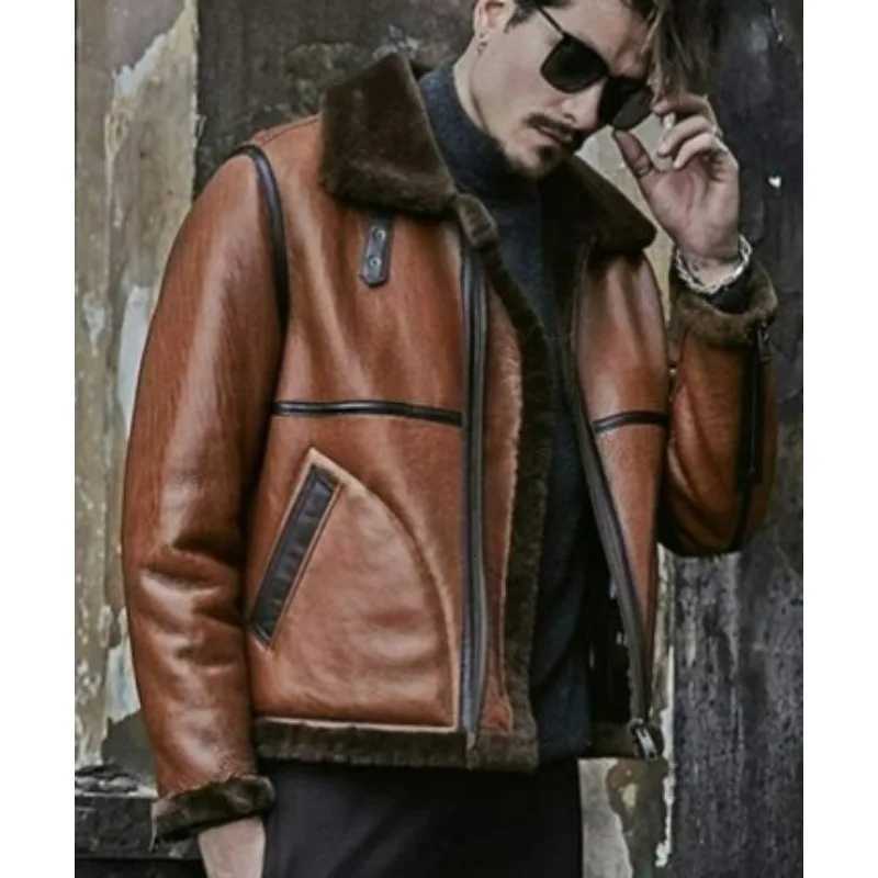 Mens Coats Winter Jackets Leather and Fur Integrated Autumn and Winter Twocolor Spliced Flying Jacket Men Clothing Brown Color W251023