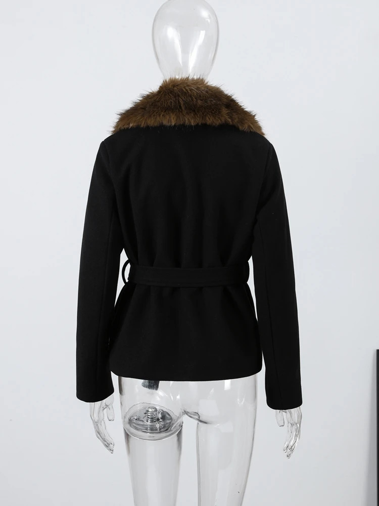 Elegant Fur Patchwork Short Warm Coat Women Lapel Lace Up Long Sleeve Coats Female Autumn Winter Lady Outwears 251020