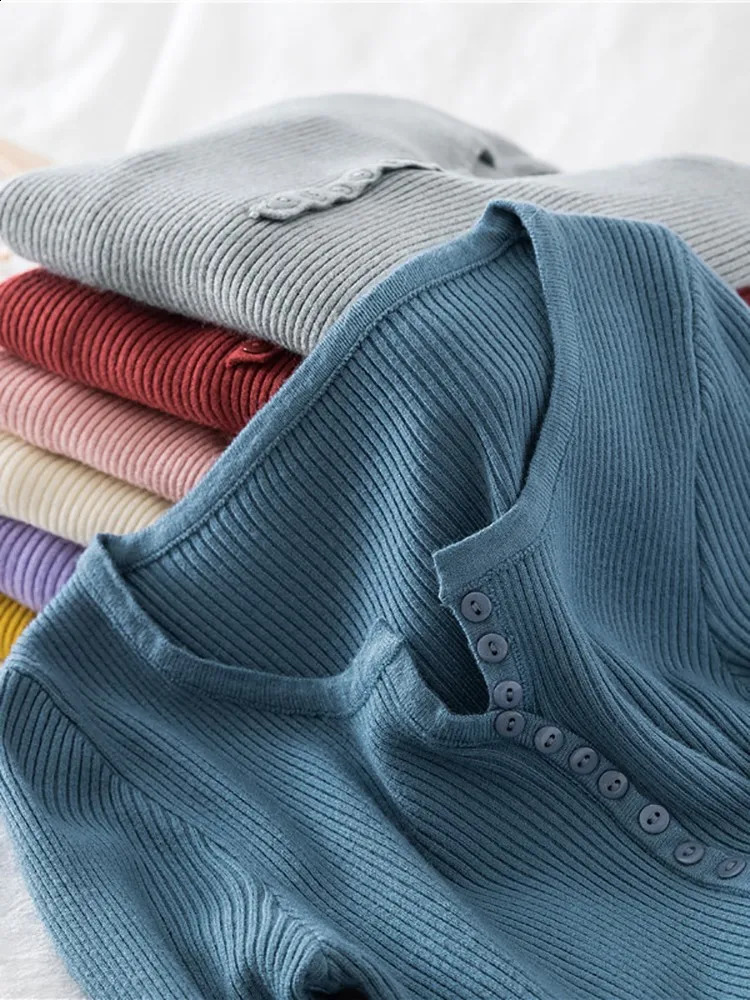 2025 Autumn Winter Button V Neck Sweater Women Basic Slim Pullover Women Sweaters And Pullovers Knit Jumper Soft Warm Tops 251023