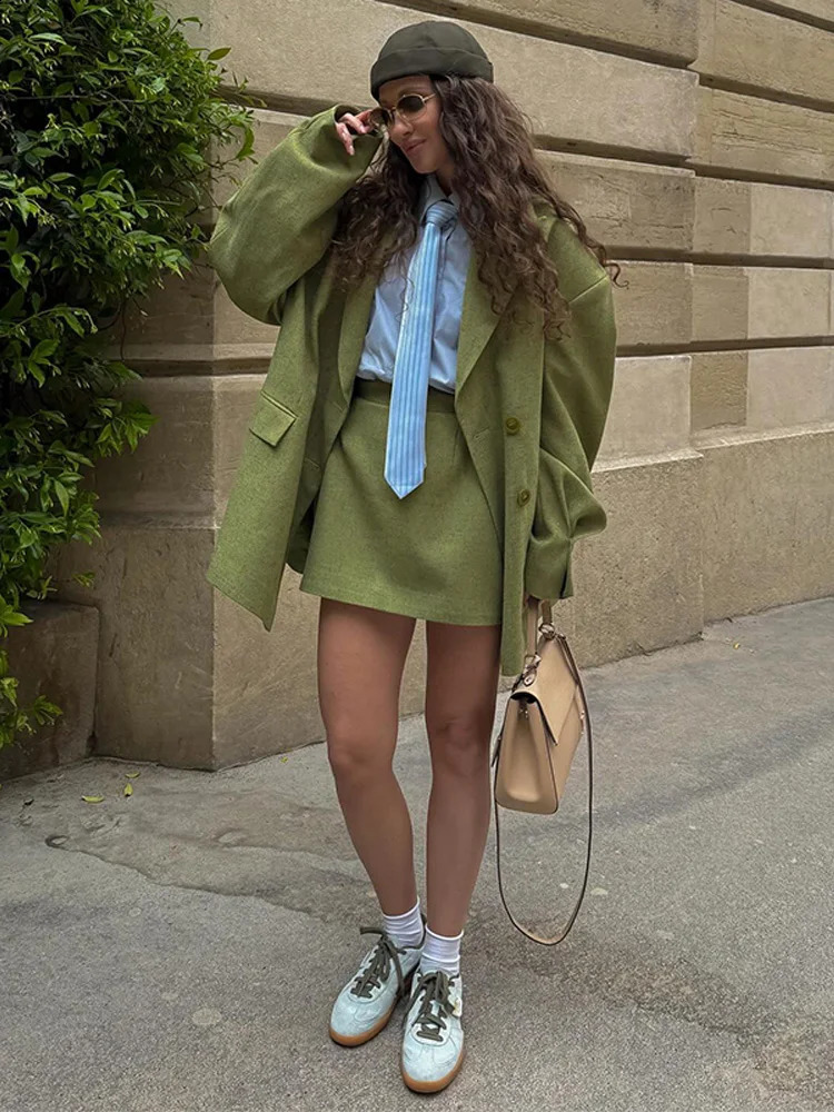 Elegant Green Lapel Suits Skirts Sets Women Loose Double Breasted Long Sleeve Jacket Short Skirt Autumn Lady Suit Coats 251022