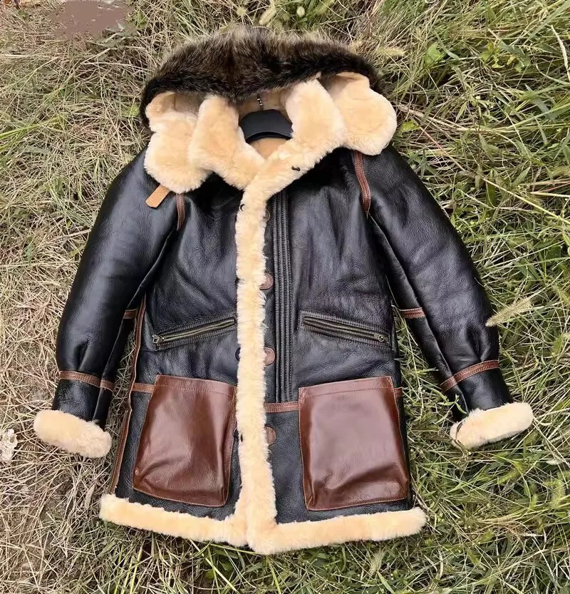 YRWholesalesClassic bomber real fur jacketLong Warm winter thick wool coaty genuine leather clothnatural shearling 251023