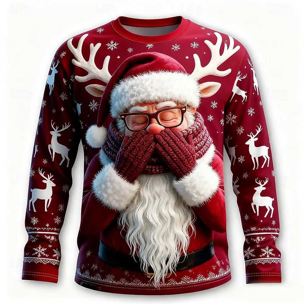 Funny Santa Clause Graphic Mens TShirts Fashion Christmas Style Long Sleeve Round Neck Pullovers Festival Family Party ClothesXJ251023