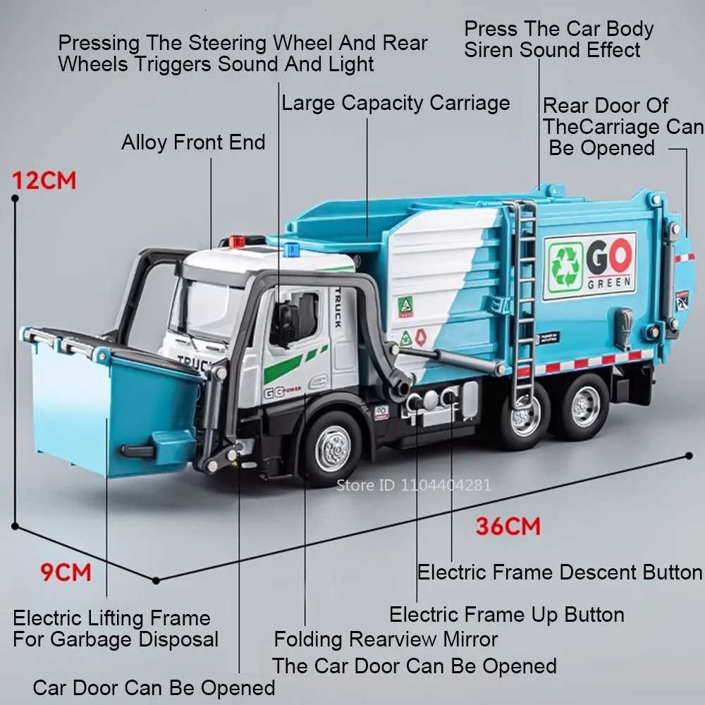 118 Electric Sanitation Garbage Truck Toy Cars Model Alloy Water Tanker Diecast Light Sound Vehicle Childrens Educational ToysT251023