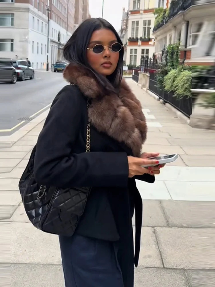 Elegant Fur Collar Woolen Coat Women Contrast Full Sleeve Turndown Loose Lace Up Coats Female 2025 Autumn Lady Outwears 251016