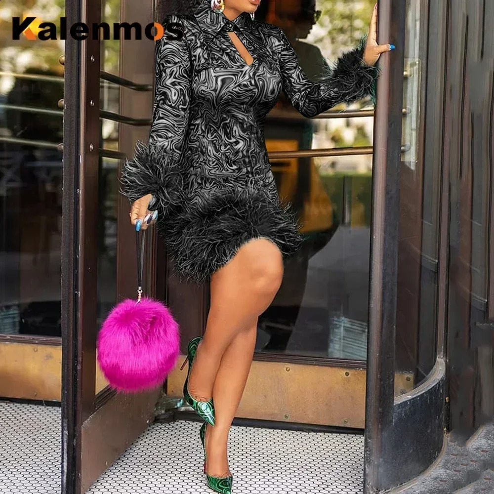 Vintage Mini Dress Women African Spring Feather Fall Sexy Bandage Long Sleeve Africa Bodycon Party Vestidos Birthday Streetwear 251020