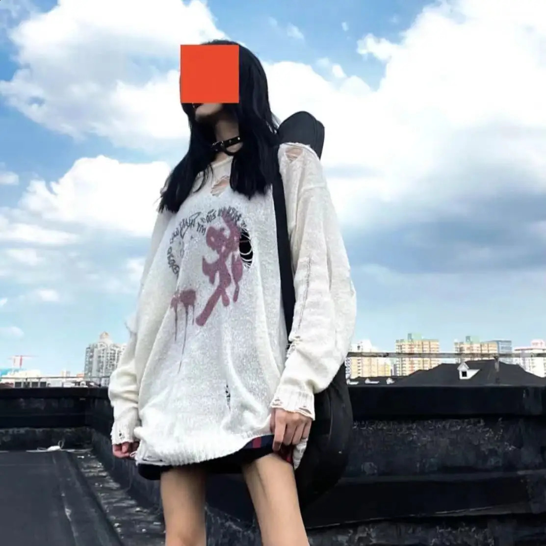 KOSAHIKI Punk Thin Ripped Hole Sweater Women Hollow Out Y2k Knitted Pullover Spring Casual Loose Tops Harajuku Print Jumper 251023