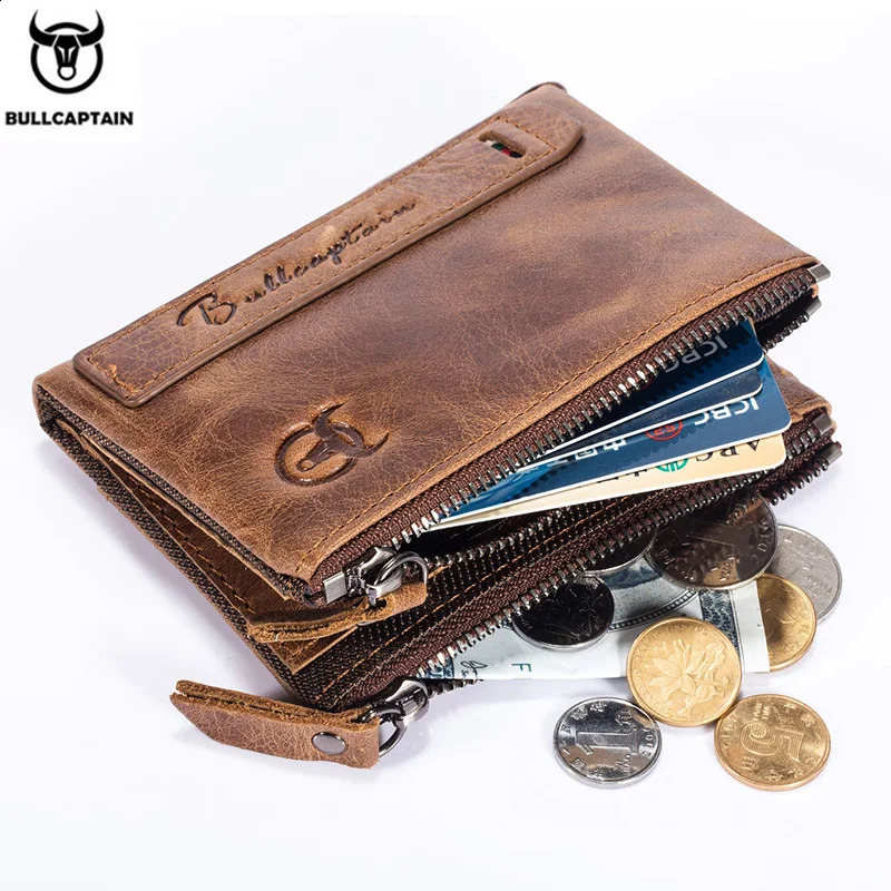 BULLCAPTAIN retro leather mens wallet leather zipper buckle short money wallet card holder coin purse RFID wallet QB06251023
