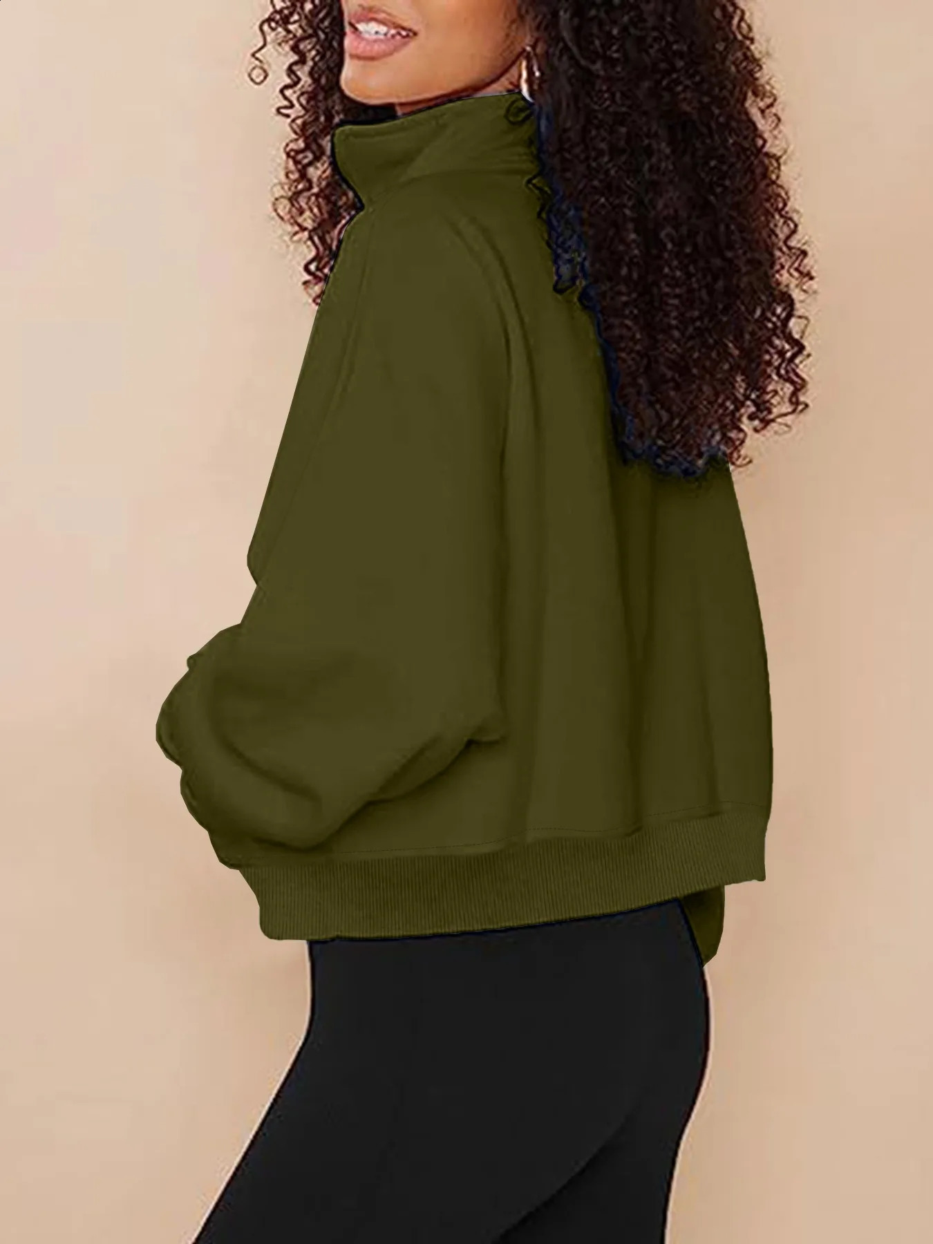 autumnwinter stand up collar solid color hoodie pocket zipper womens casual loose fleece threaded top 251022