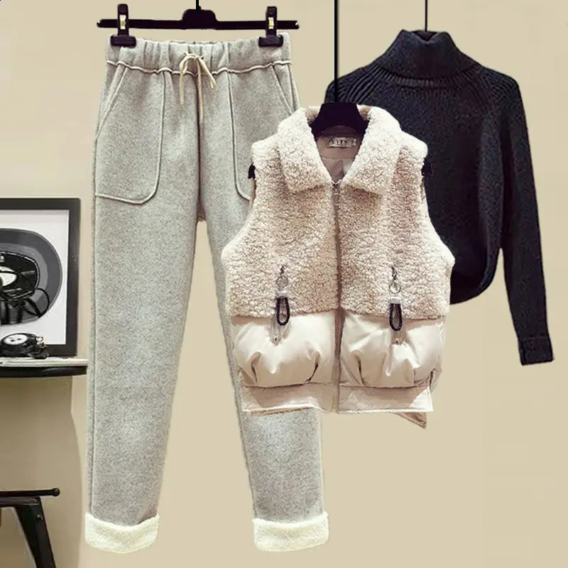 Autumn and Winter Womens Suit Lamb Wool Vest Thickened Cashmere Sweater High Waist Casual Woolen Trousers Three Piece Set 251022