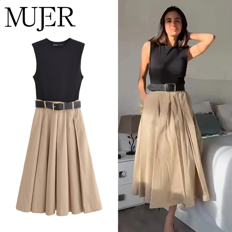 MUJER 2025 Woman Dresses Belt Pleated Midi Dres Sleeveless Summer Dress Knitted Party for Women Sundress 251016