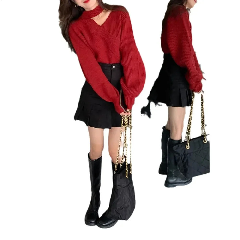 Red Irregular Asymmetrical Collar Lantern Sleeve Knitted Sweater Loose Short Korean Style Lazy Top Womens Fashion Winter Sa 251020