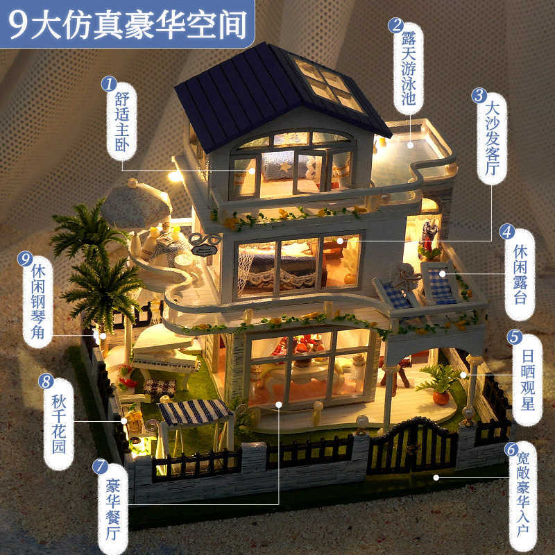 DIY handmade wooden model house toy that glows as a birthday gift. L251023