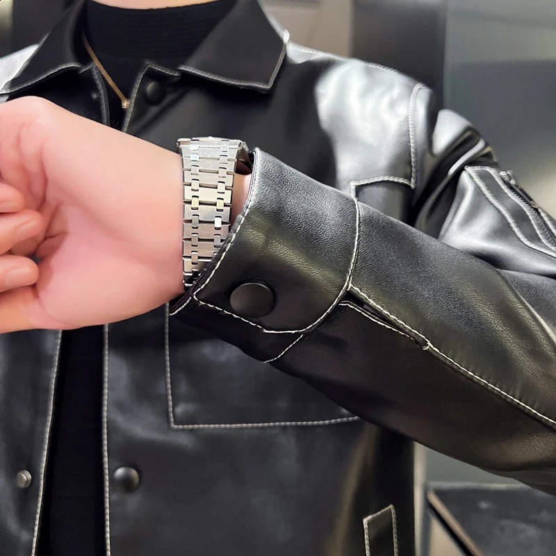 Fashion Trendy Leather Jacket Soft Comfortable Breathable Trendy Versatile Flip Collar Mens Business Casual Jacket 251021