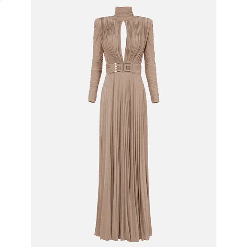 Purple Womens Dresses Turtlenecks Folds Midi Aline Backless Long Sleeve Sideslit with Belt Part Evening Dress 141013 251022