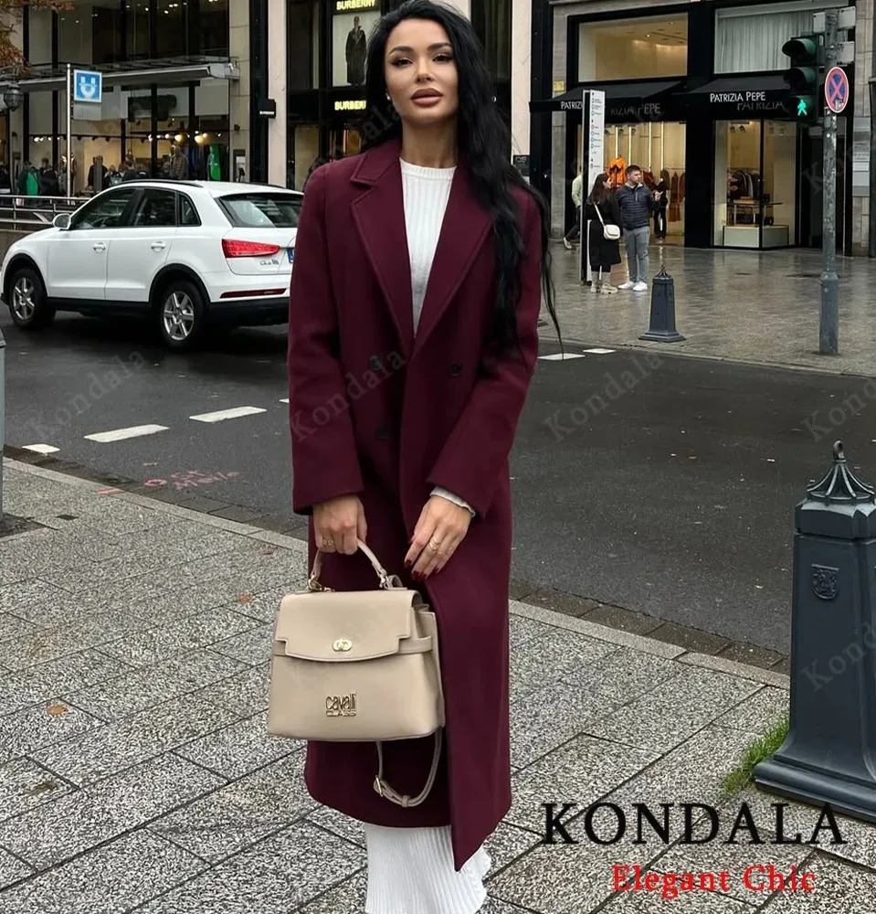 KONDALA Women Fall Elegant Long Coat Blended Lapel Buttons Lined Coat Fashion Autumn Winter High Street Commute Lady Coat 251020