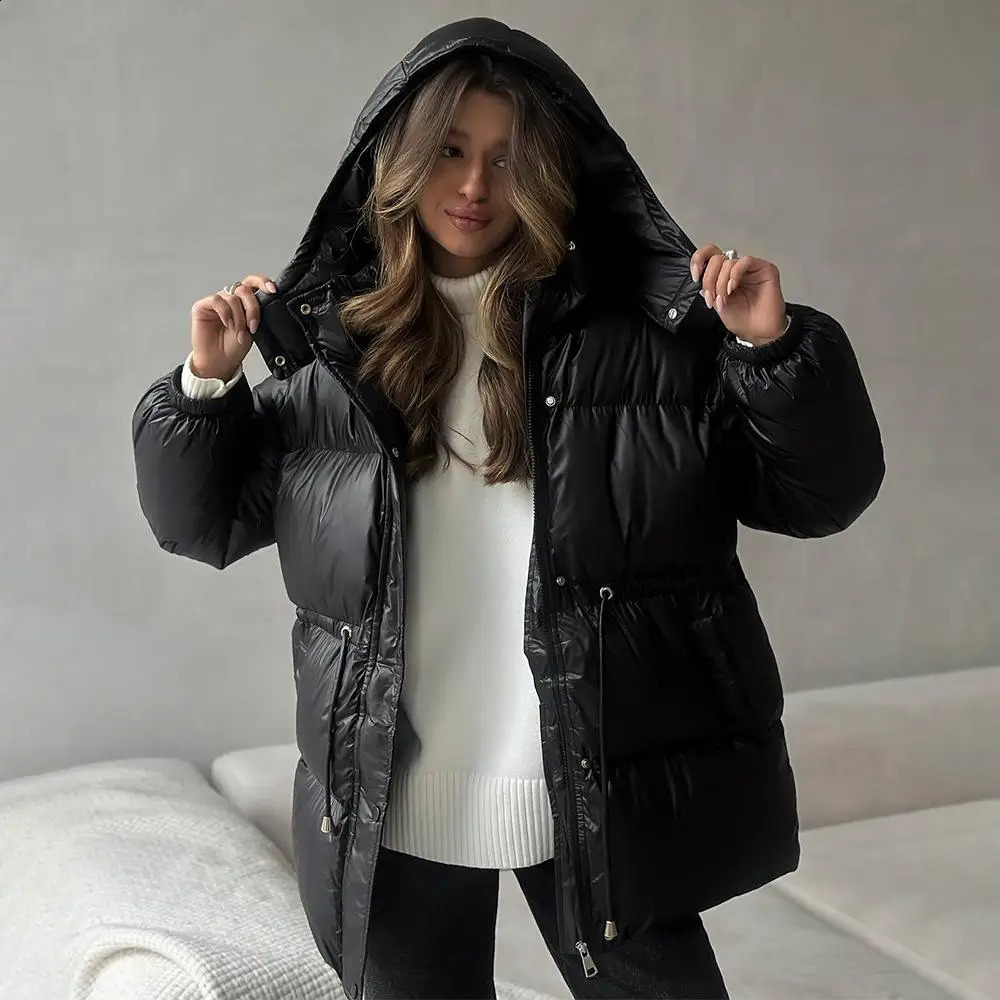 Casual Waistcinching Thicken Cotton Coat Women Fashion Zipper Long Sleeve Lace Up Hooded Coats Winter Warm Lady Outerwears 251021