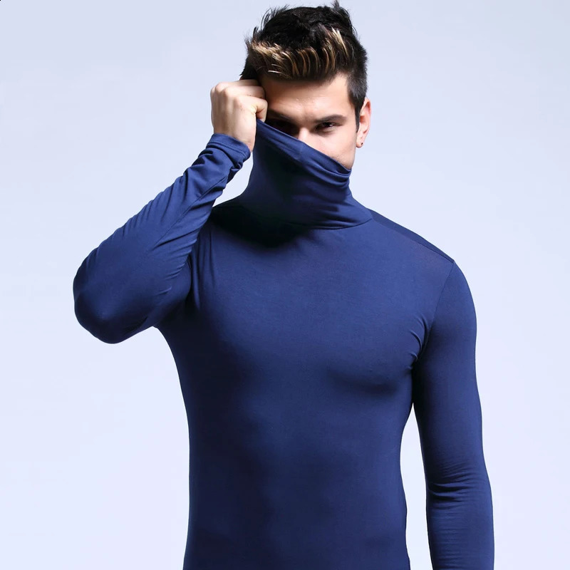 Mens thermal underwear in turtleneck lapel autumn thin Modal and winter longsleeved base shirt single slimfit top 251023