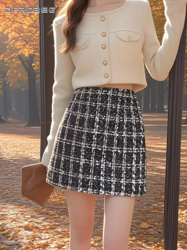 Autumn Winter Vintage Tweed Pencil Skirt For Women High Waist Retro Plaid Chic Style Slim ALine Short Skirts Lady 251022