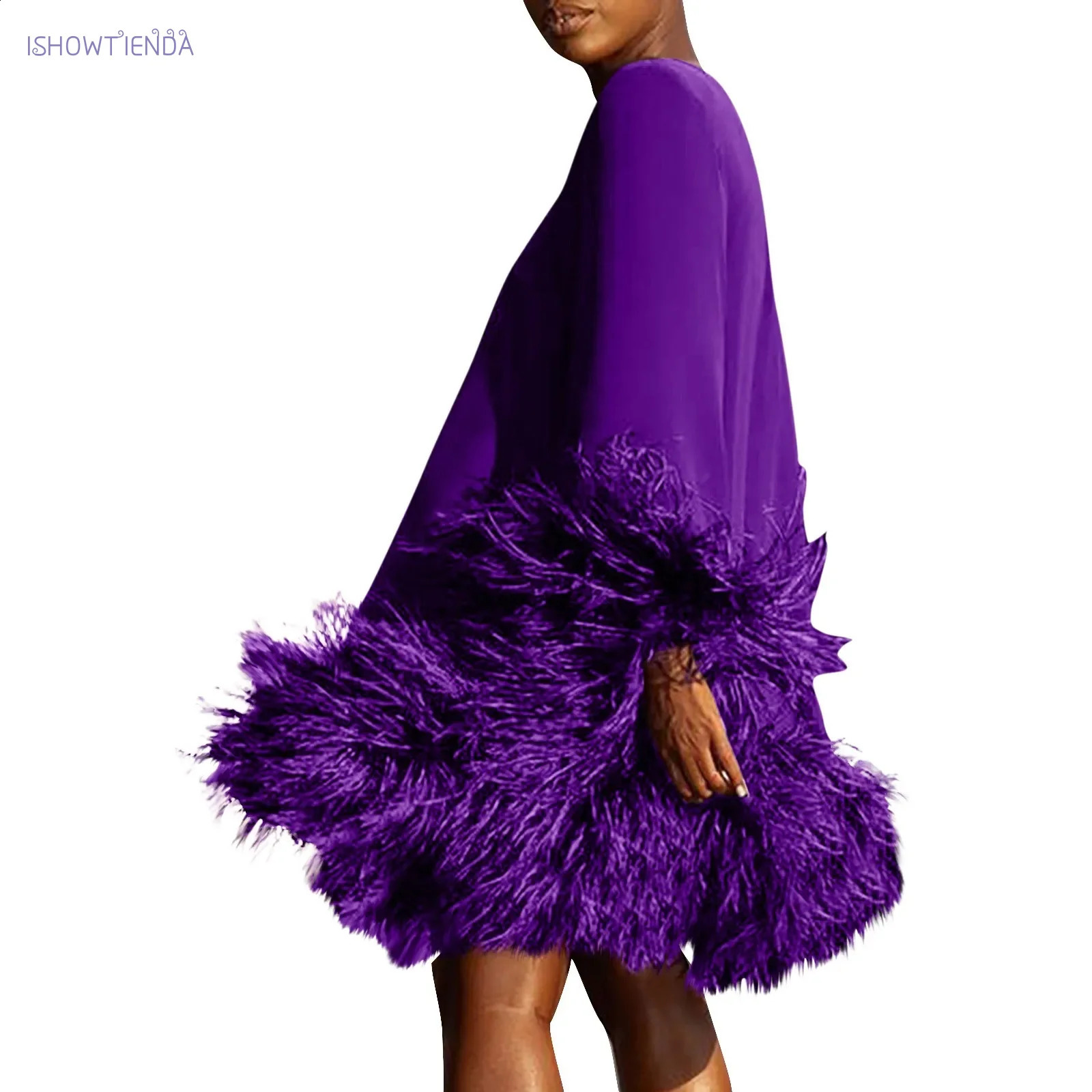 Feather Fur Patchwork Mini Dress Elegant Party Long Sleeve Autumn Winter Women Sexy Personality Y2k Solid Vestidos 251022