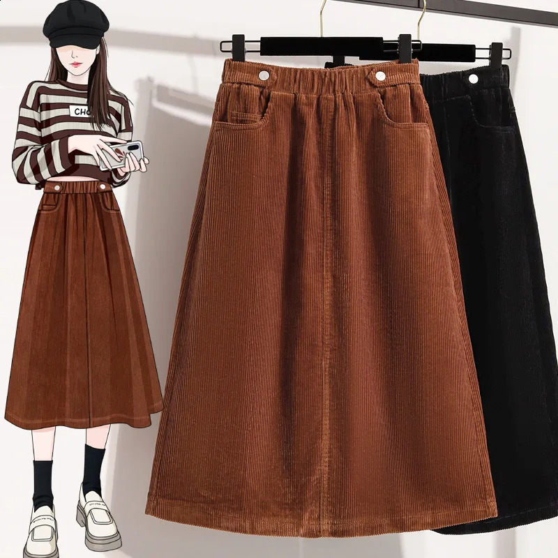 Plus Size High Waist Oversized Corduroy A Line Skirt for Women MidLength Vintage Style Pockets Elegant Autumn Fashion plus 251022