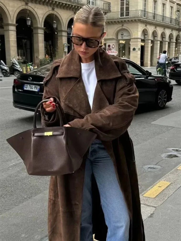 Women Suede Trench Coat Winter Chic Coats Solid TurnDown Collar Long Sleeves Belt Double Breasted Fashion Jackets 251013