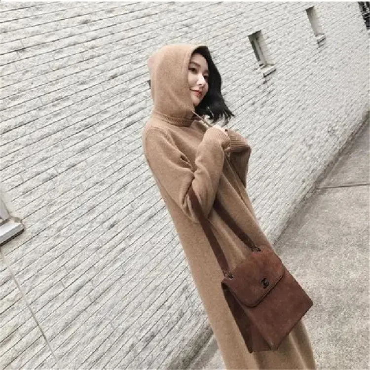 Korean Style Thickened Knitted Hat Womens Dress Autumn Winter Arrival MidLength Sweater Dress Female Base Shirt Dress 251023