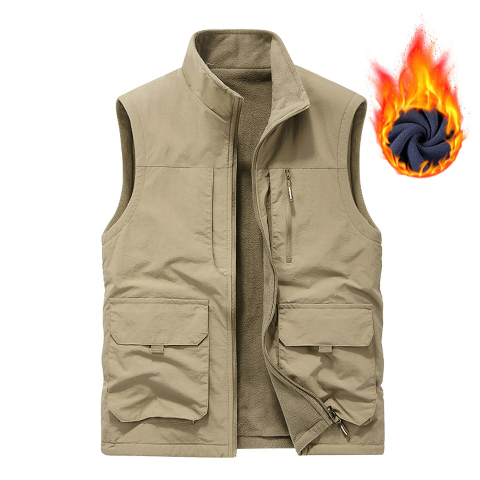 Mens Winter Fleece Cargo Vest Outdoor Multi Pocket Sleeveless Jacket Warm Thick Work Waistcoat Leisure Solid Color 251023