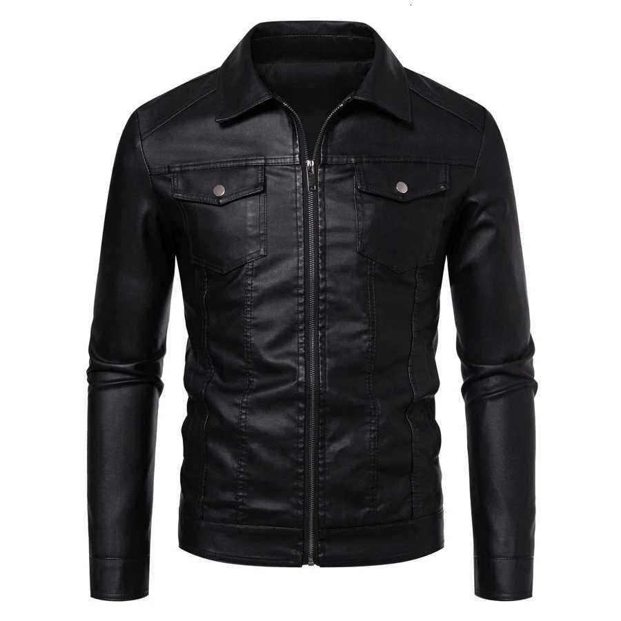 Mens casual PU leather jacket lapel biker jacket fashionable slimfitting mens faux leather shirtstyle jacket W251023