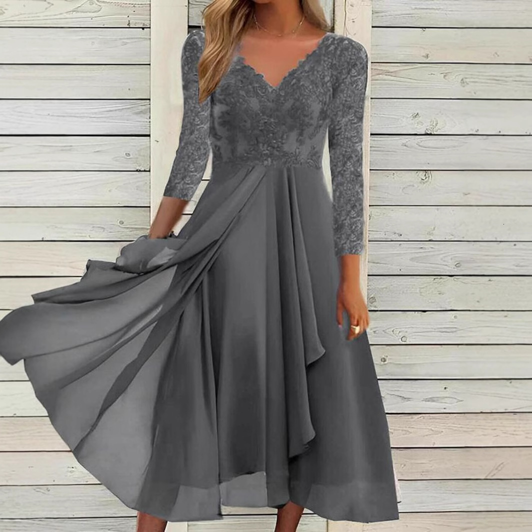 European and American autumn and winter new long sleeved chiffon dress patch V-neck lace hollow bridesmaid evening dress designer evening dress
