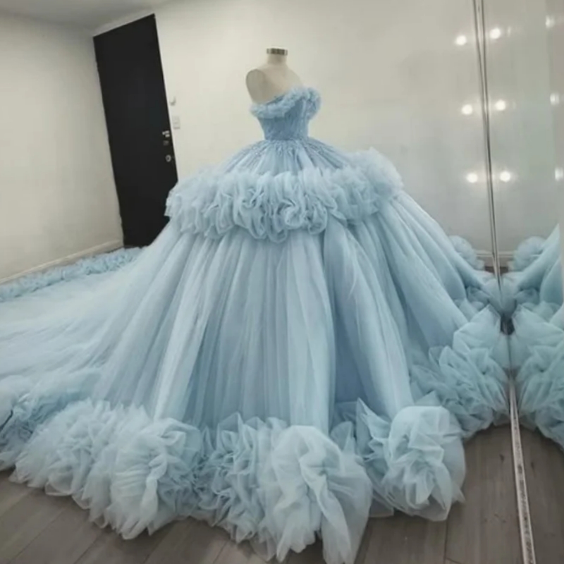 Sky Blue Shiny Quinceanera Dresses Off The Shoulder Sequin Beading Crystal Tiered Tull Ball Gown Vestidos De 15 Anos Sweet 16 Dress