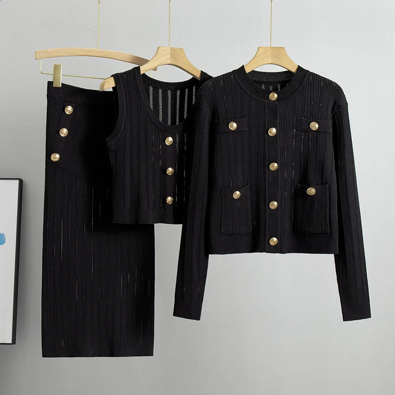Autumn Winter hollow Knitted Suits Elegant 3 Piece Dress Set Women Outwear Korea Fashion Sweater Female 251022